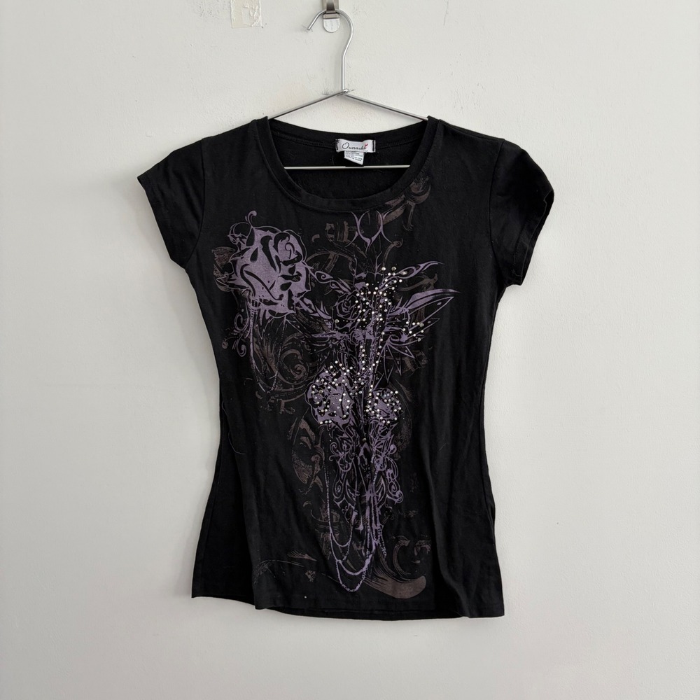 Ounashi Y2K Graphic Rhinestone T-Shirt Black Purple XL JD-112R